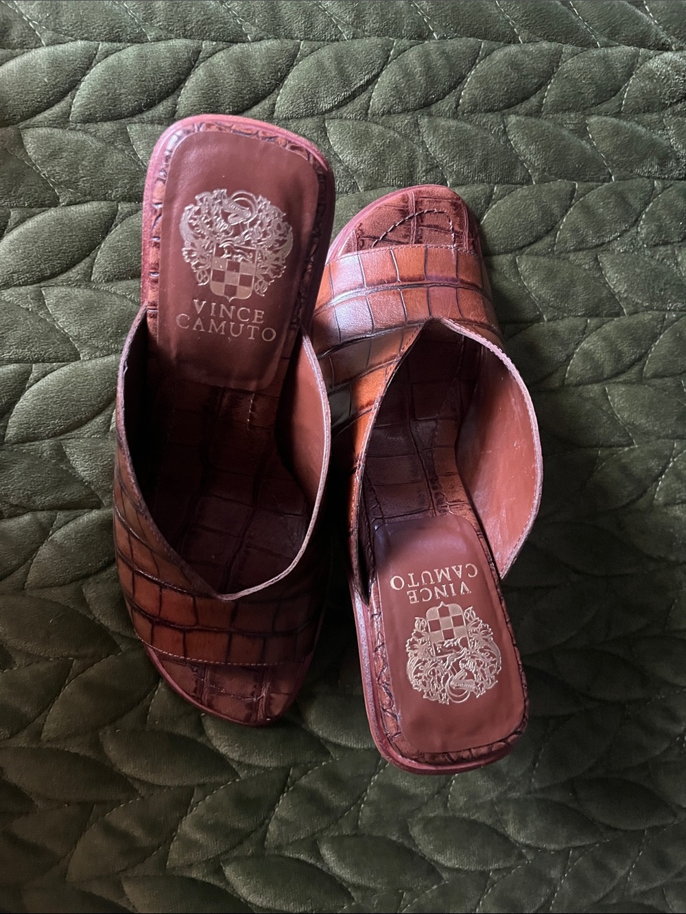 Vince Camuto Brown Croc-Embossed Slide Mules